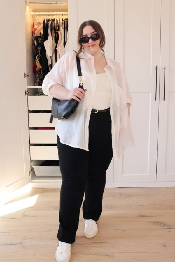 white linen shirt and black pants for plus size