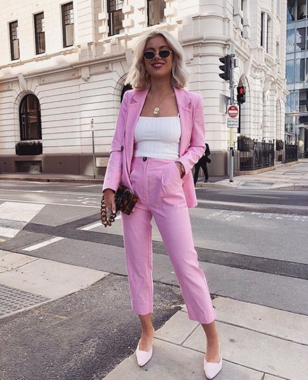 pink blazer and trousers