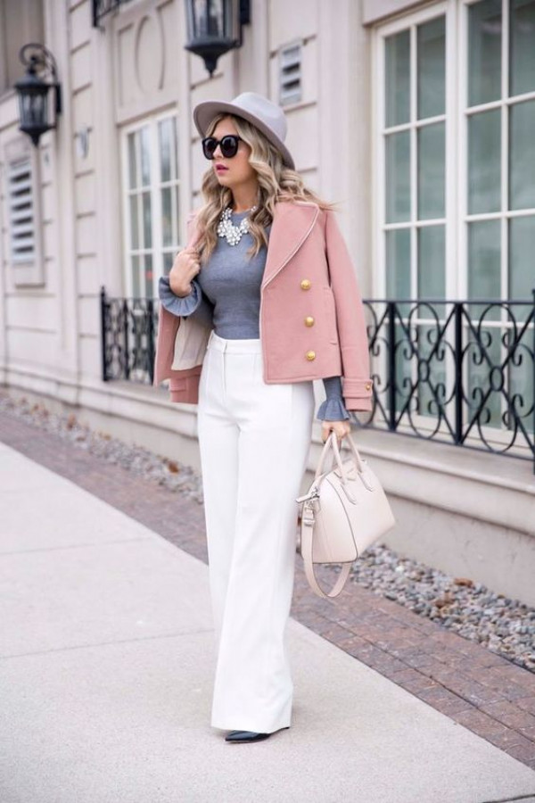 pink jacket and white trousers