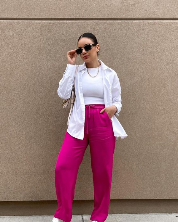Pink Trousers and white shirt